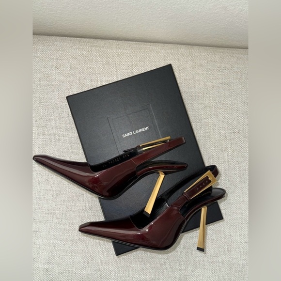 SAINT LAURENT LEE EMBELLISHED PATENT LEATHER SLINGBACK PUMPS IN BURGANDY - Picture 5 of 16